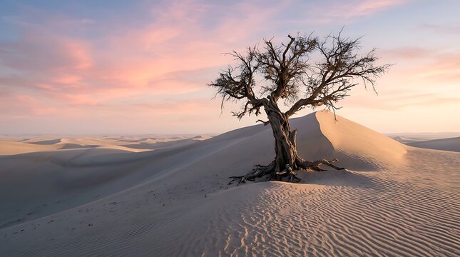 This photo realistic image features an ancient, gnarled tree standing resiliently on the crest of a massive, perfectly sculpted desert dune at dawn. The sky is painted with soft pastel hues
