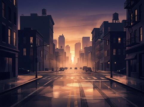 Urban street at golden hour with wet pavement reflecting sunlight