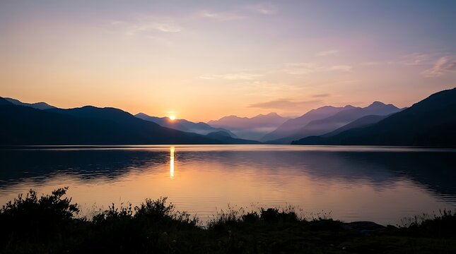 Sun setting over calm lake between forested mountains