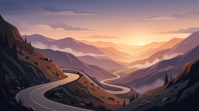 Winding mountain road through valley at golden sunset