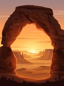 Desert landscape framed by natural rock archway at sunset
