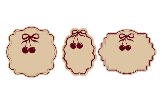 Vintage Cherry Labels with Burgundy Bows and Beige Scalloped Frames Vector Set