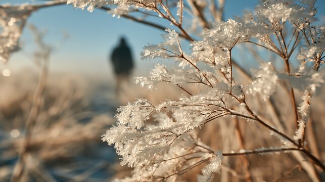 Hoarfrost coated winter grasses sparkling in morning sunlight, framing a solitary blurred figure against a frozen landscape