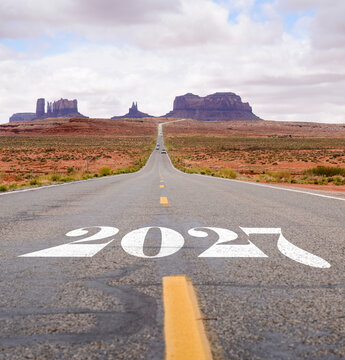 New Year 2027. Text 2027 written on the road to Monument Valley Navajo Tribal Park. Arizona. USA.