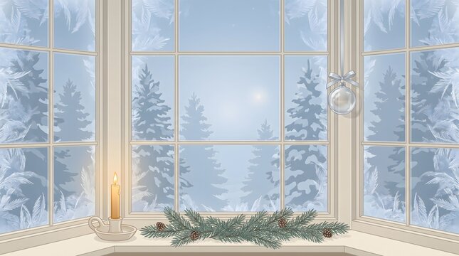 Illustrated winter window scene with pine boughs candle and frosted glass overlooking snowy forest.