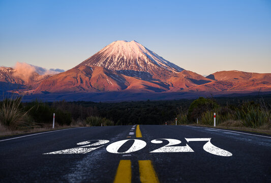 New Year 2027. Text 2027 written on the road to Mt Ngauruhoe. Tongariro National Park. New Zealand.