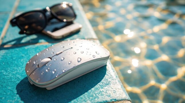 Wireless computer mouse with water drops near poolside and sunglasses