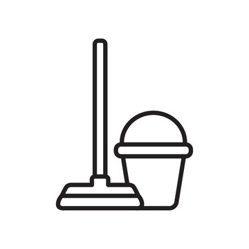 Minimalist bold line icon of a cleaning mop with bucket isolated on white background. 
