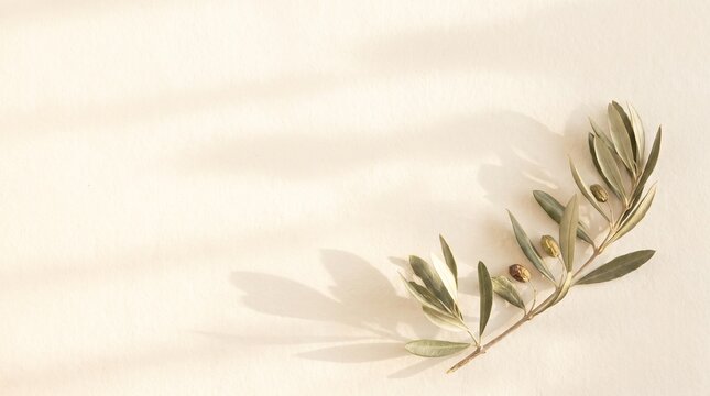 Delicate green olive branch resting peacefully upon neutral beige textured paper with soft morning sunlight casting gentle shadows