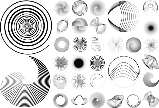 Collection of vector design elements. Set of logos with lines, spirals and circles. Various forms of line and dots design.Vector logo collection. Bundle of circle icons and elements. Set of lines art.
