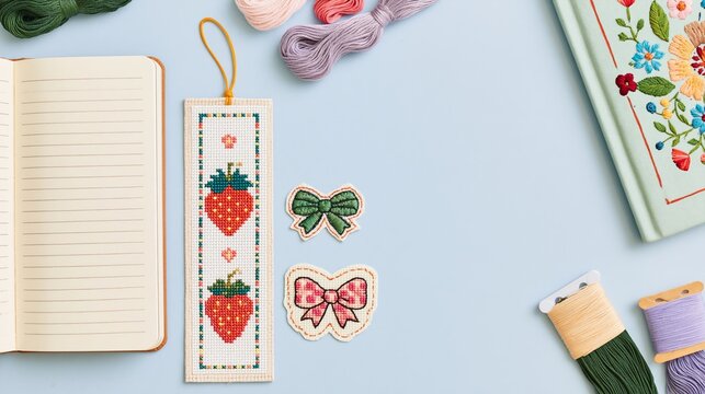 Handmade cross stitch bookmark with strawberry and bow patches, embroidered notebook cover, and thread skeins on pastel blue background