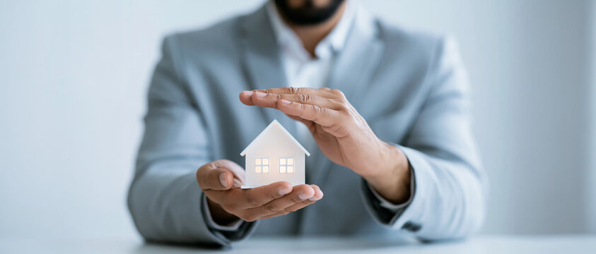 Caucasian male insurance agent in light grey suit holds glowing white house, symbolizing property protection in bright studio setting