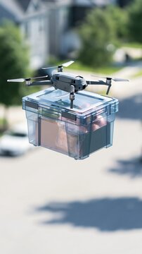 Compact drone delivering fresh produce in transparent box above residential street