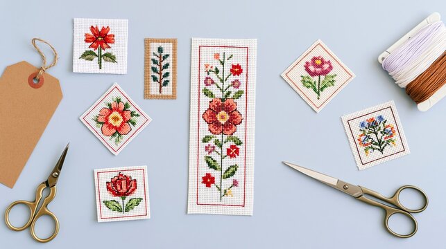 Flat lay of finished cross stitch patches, floral bookmark, scissors, kraft gift tag, and thread bundles on a light blue surface