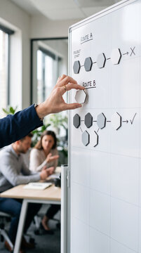 Hand arranging route options with hexagonal magnets on office planning whiteboard