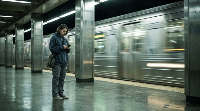 Woman using smartphone beside motion blurred train in underground station interior