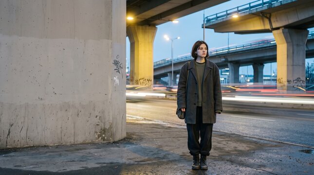 Woman standing beneath urban overpass beside concrete pillars and blurred traffic at dusk