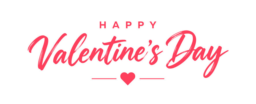 Happy Valentine's Day pink cursive lettering with small heart. Romantic modern calligraphy text isolated on white background for greeting card. Vector illustration.