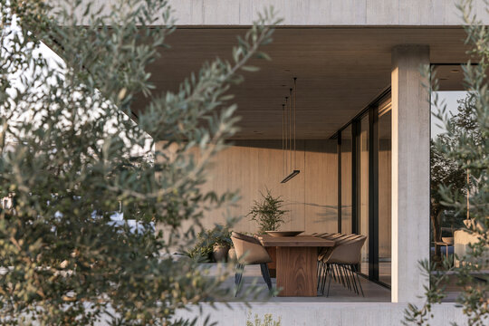 Warm modern exterior terrace with wood ceiling, glass walls, olive trees, and outdoor dining table