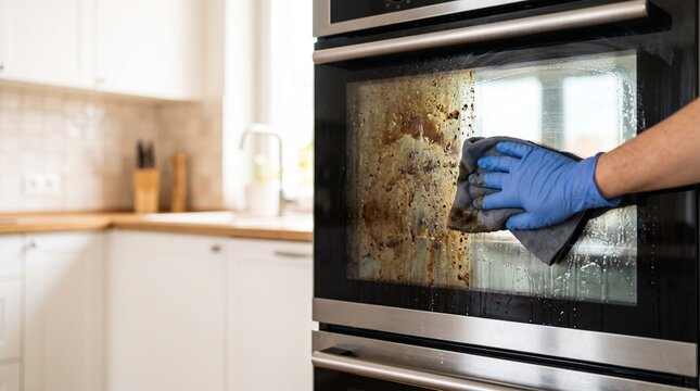 Gloved hand scrubbing stained oven glass in bright modern kitchen interior