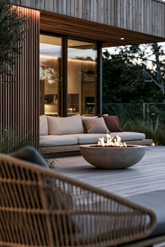 Warm modern exterior with fire bowl, lounge sofa, wood terrace, glass doors, and garden views