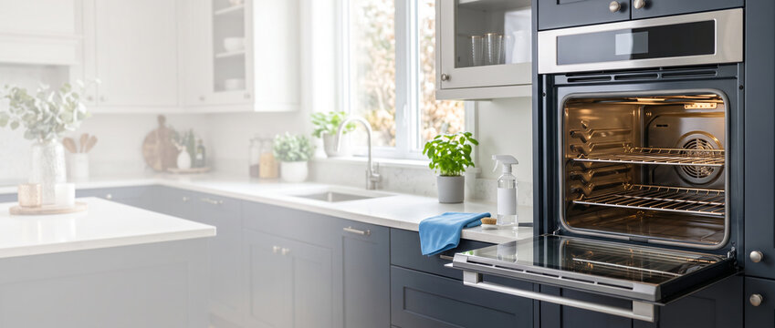 Open clean oven with reflective racks in bright modern kitchen interior