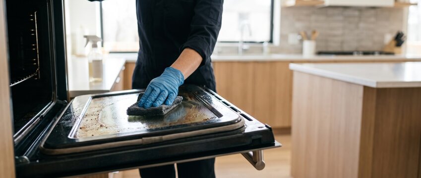 Person cleaning oven tray with blue gloves in modern kitchen interior
