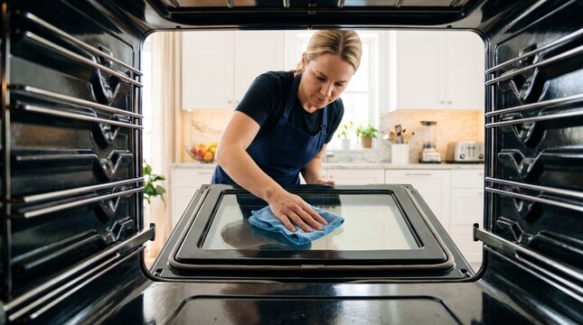 Woman wiping glass oven door with blue cloth in bright modern kitchen interior