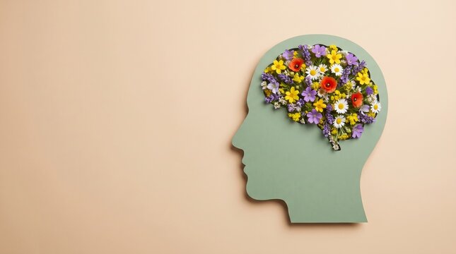 Profile silhouette of a human head filled with colorful flowers representing neurodiversity and mental health on a soft pastel background