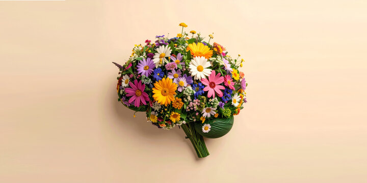 Colorful bouquet of assorted flowers including daisies and gerbera on a soft pastel background, symbolizing mental health awareness and positivity