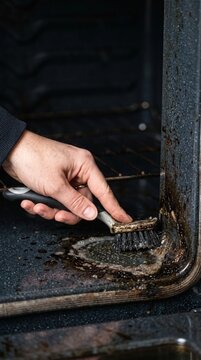 Hand scrubbing greasy oven door edge with small cleaning brush in closeup
