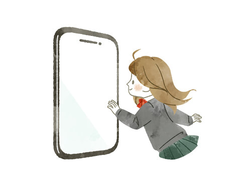スマホ画面に向き合う女子生徒-水彩