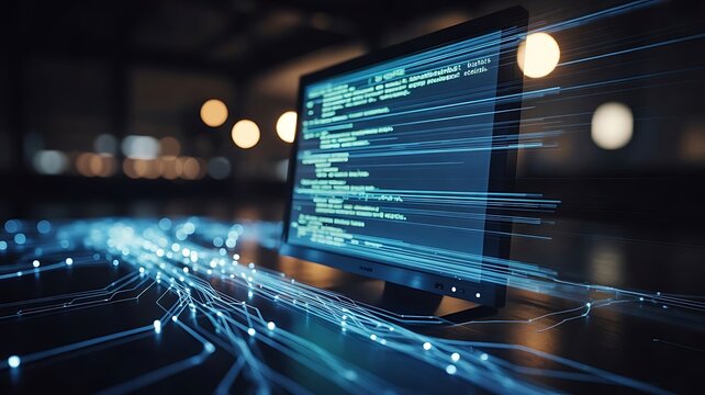 Computer monitor displaying lines of programming code with glowing blue fiber optic data cables connecting to the screen in a dark office environment