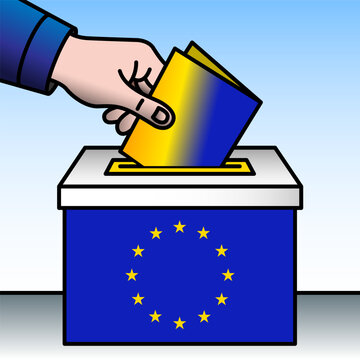 European Union, ballot box, flag and hand inserting a ballot paper into a ballot box, vector illustration