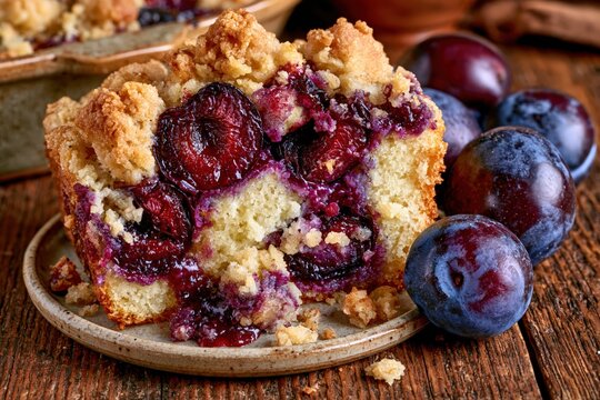 Fresh plum cake slice with crumble topping and fresh purple plums