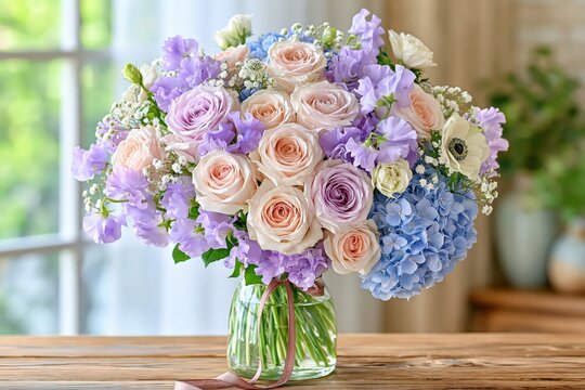 Pastel flower bouquet with roses and hydrangea in glass vase