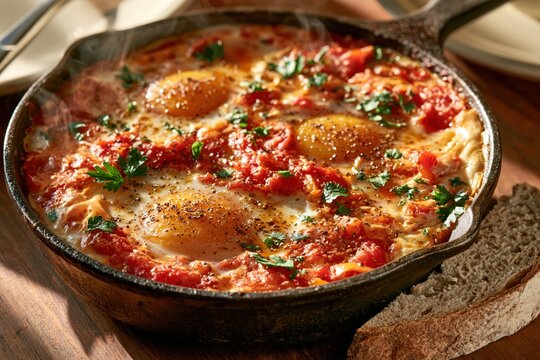 Shakshuka in cast iron skillet with fresh herbs and crusty bread warm