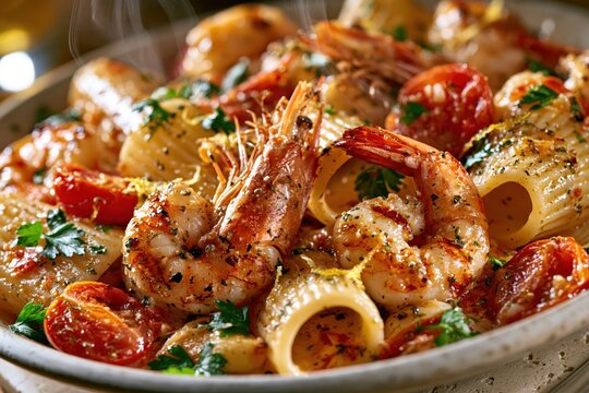Shrimp pasta with tomatoes and herbs delicious gourmet seafood dish