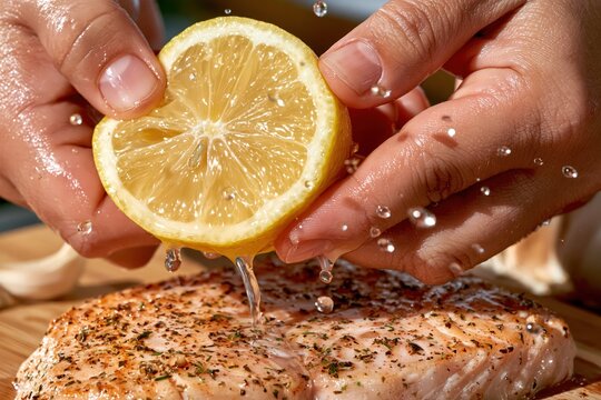 Squeezing fresh lemon juice onto raw seasoned salmon fillet for cooking