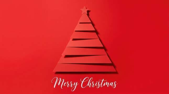Stylized red christmas tree shaped from ribbon layers on matching background