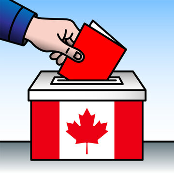 Canada, ballot box, flag and hand inserting a ballot paper into a ballot box, vector illustration