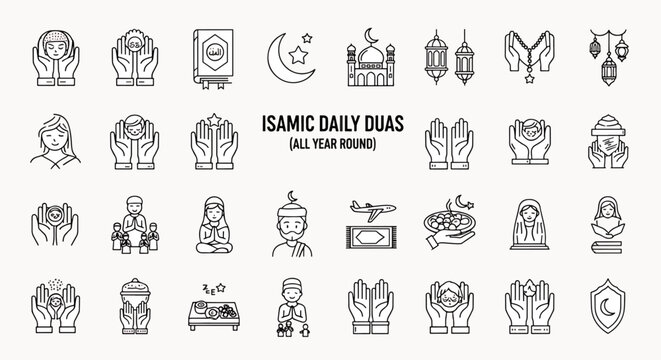 Islamic daily duas vector icons set, all year round, prayer, religion, muslim, ramadan, faith, spirituality