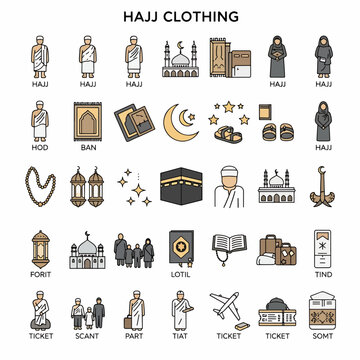 hajj clothing icons set vector illustration. islamic pilgrimage symbols and elements. muslim culture and religion