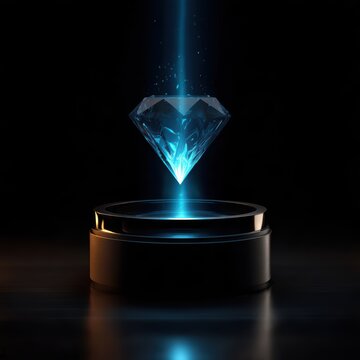 Futuristic holographic blue diamond floating above projector pedestal in light beam concept of digital assets cryptocurrency tokenization and cyber security isolated on black background   