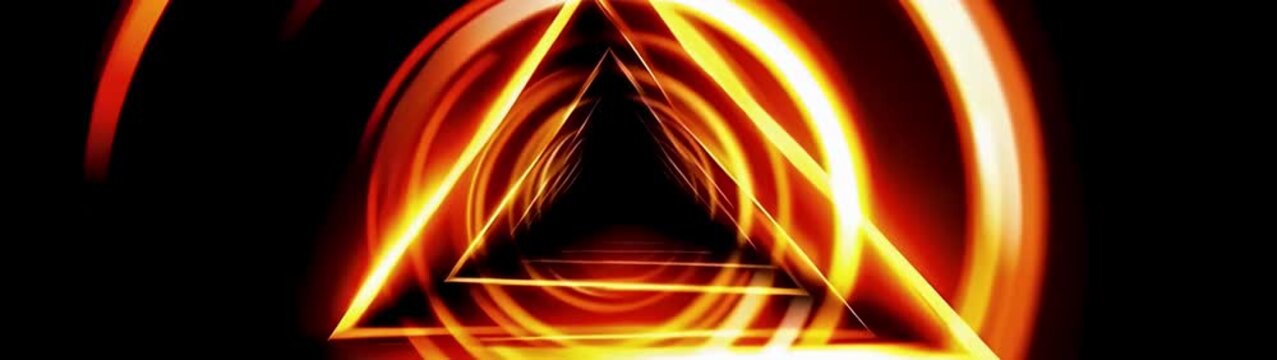 Geometric light tunnel receding through luminous rings and triangular frames toward a dark vanishing point, creating a futuristic corridor.