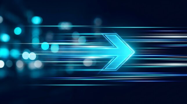 Abstract digital background featuring a glowing blue arrow moving forward with dynamic light streaks representing high speed and technological progress