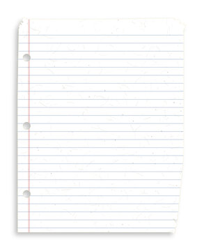Blank white lined notebook paper sheet with three hole punches and torn edges isolated on transparent background