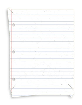 Ripped lined notebook paper sheet featuring three binder holes and messy torn edges isolated on transparent background