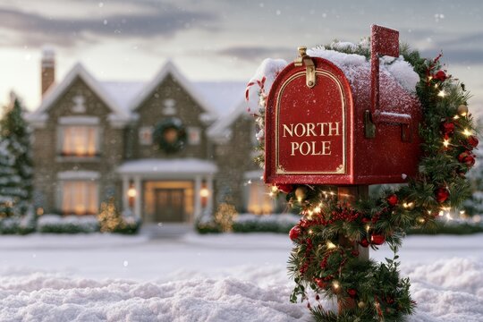 Decorated North Pole Christmas Mailbox Outside Snowy Family Home
