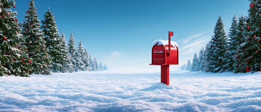 Red North Pole Christmas Mailbox in Snowy Pine Forest
